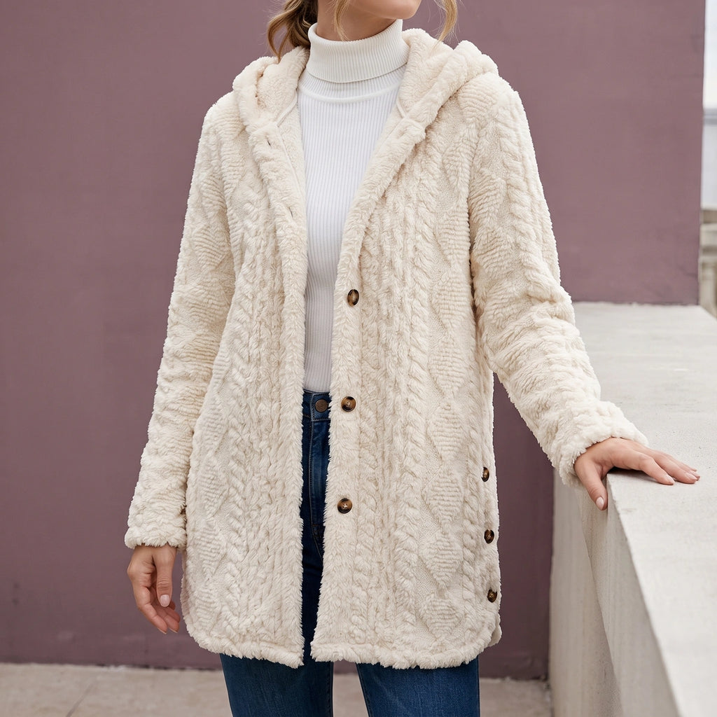 Sally Plush Cable Hooded Cardigan - White