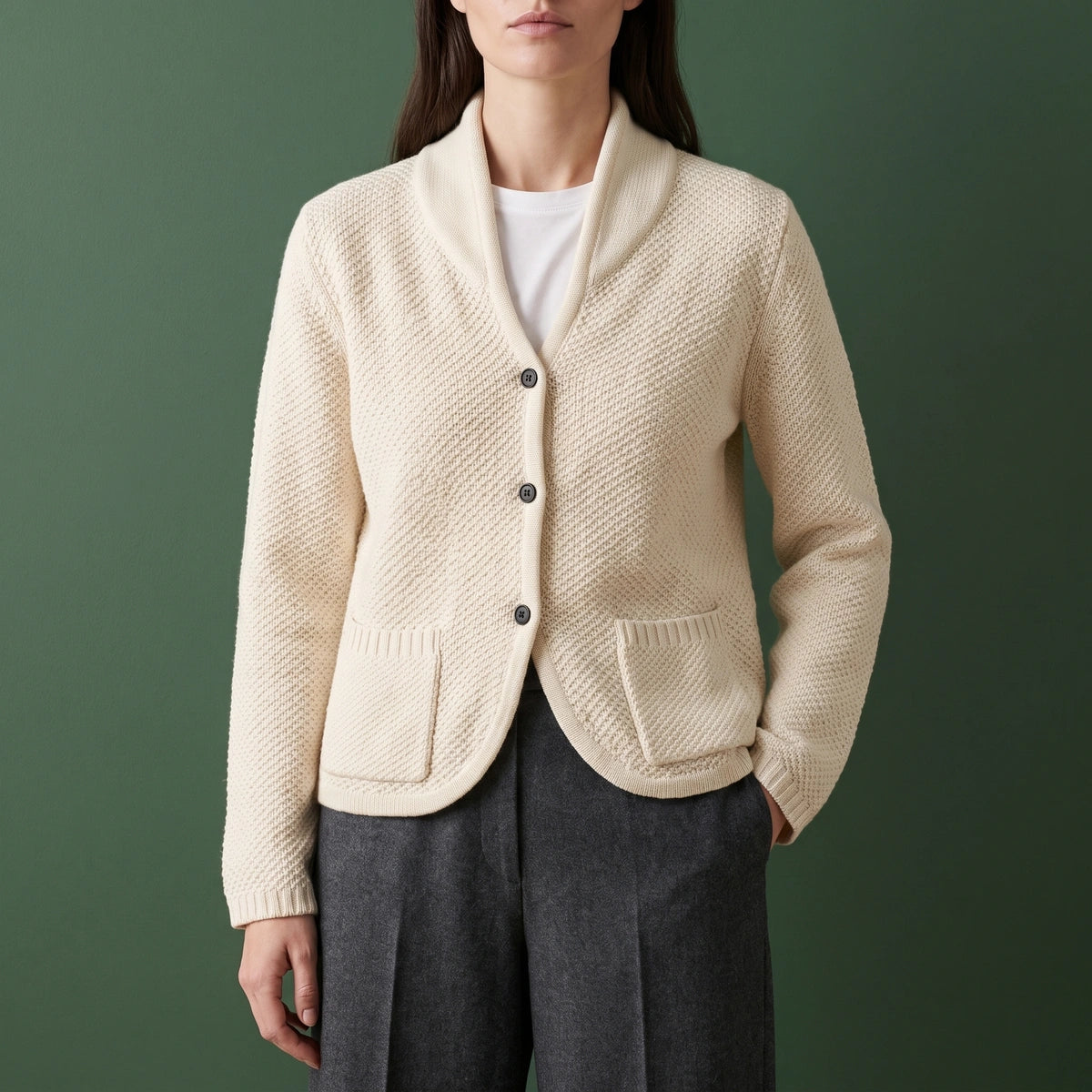 Scarlett Moss Stitch Collared Cardigan - White