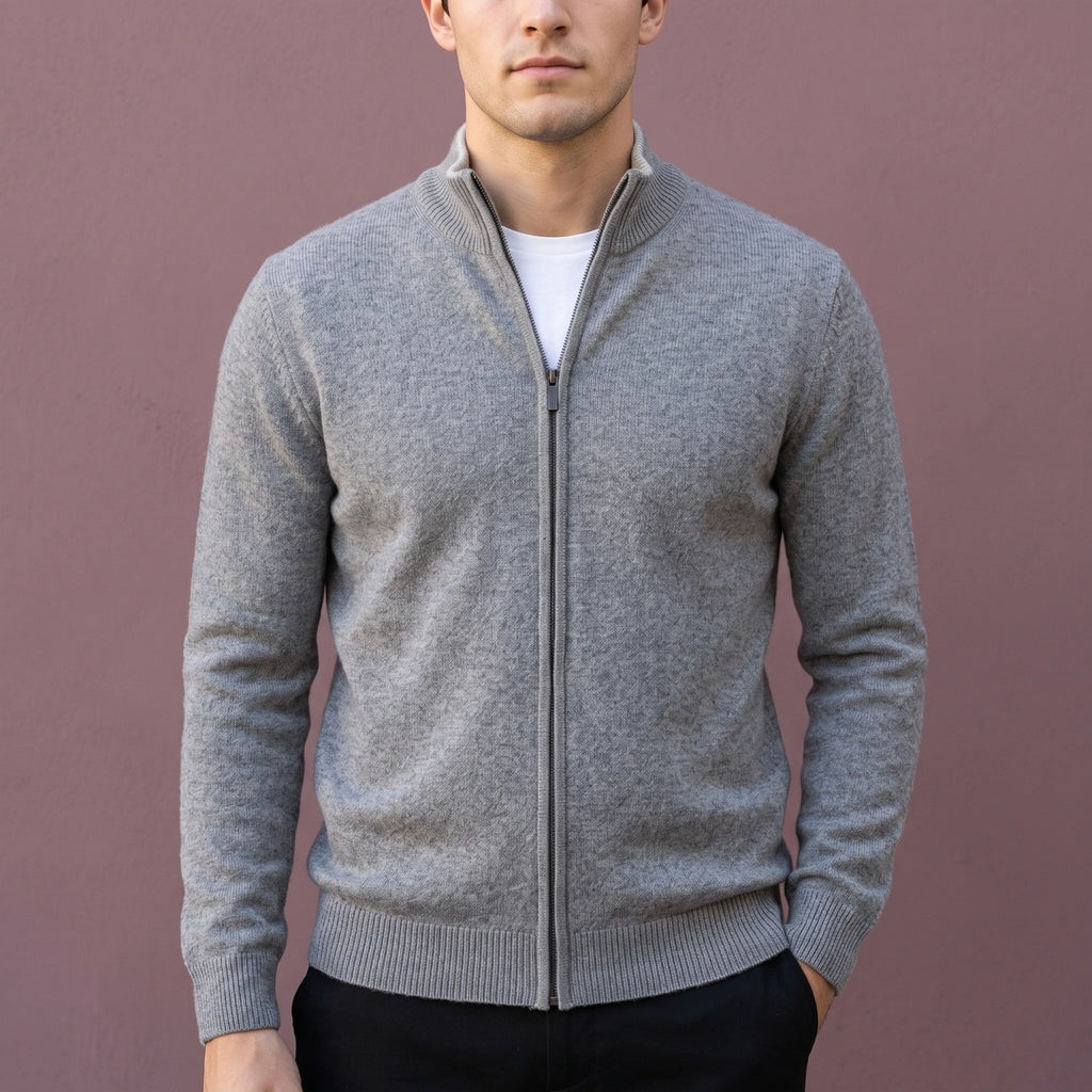 Sean Cashmere Stand Collar Zip Cardigan - Gray