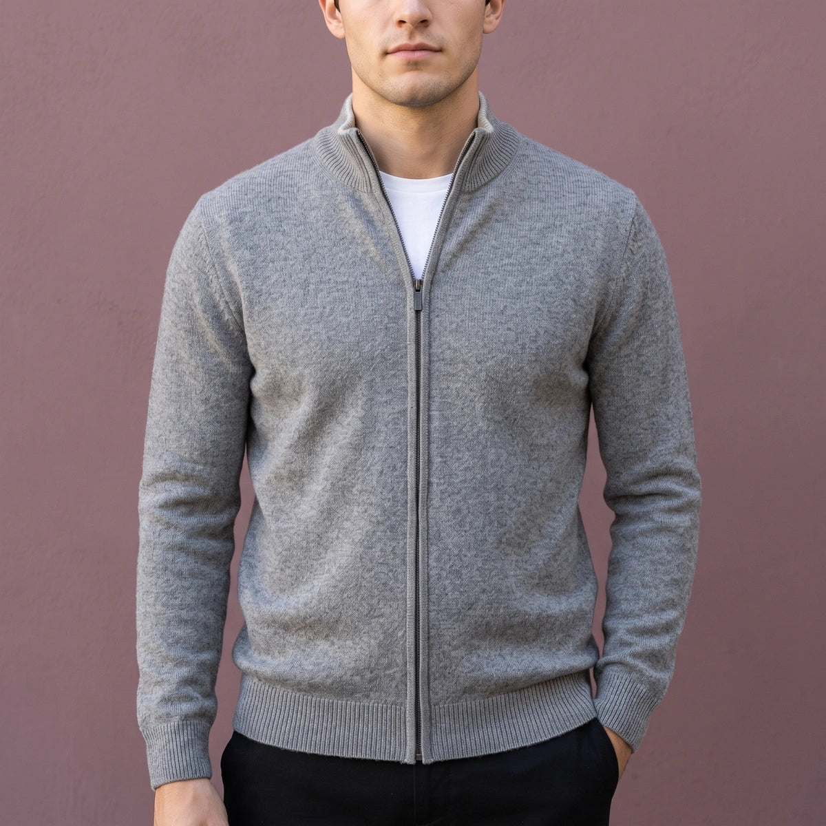 Sean Cashmere Stand Collar Zip Cardigan - Gray
