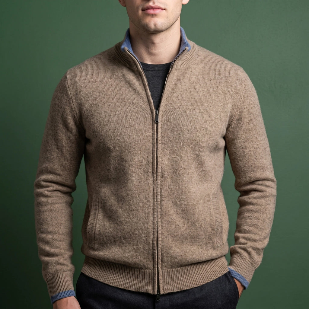 Sean Cashmere Stand Collar Zip Cardigan - Khaki