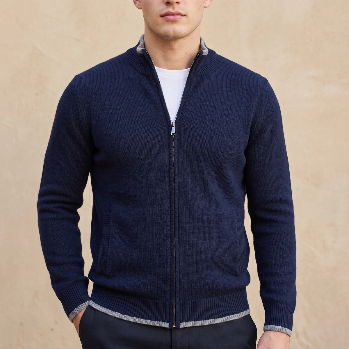 Sean Cashmere Stand Collar Zip Cardigan - Navy Blue