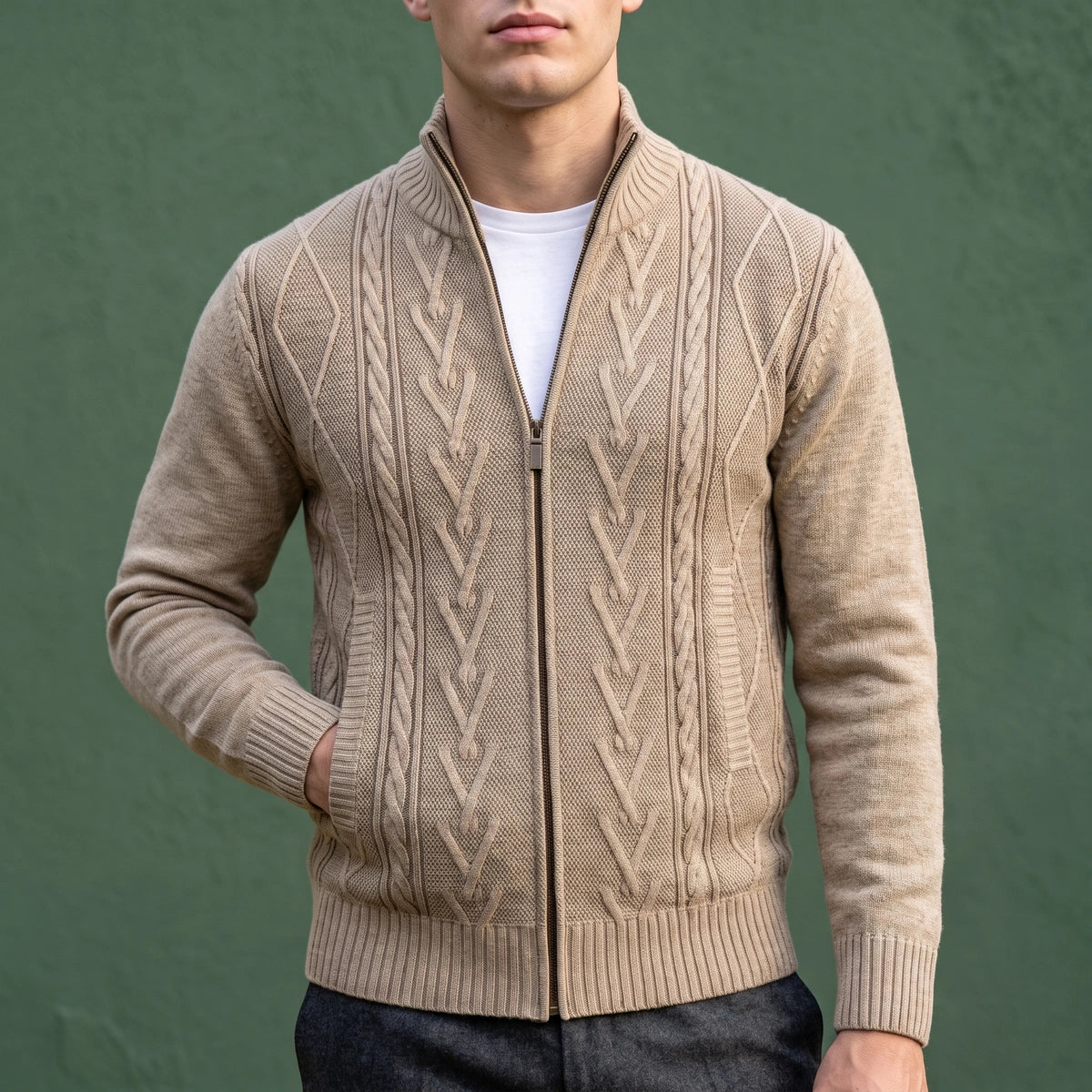 Simon Diamond Cable Zip Cardigan - Beige