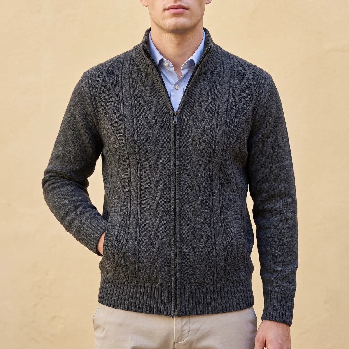 Simon Diamond Cable Zip Cardigan - Dark Gray