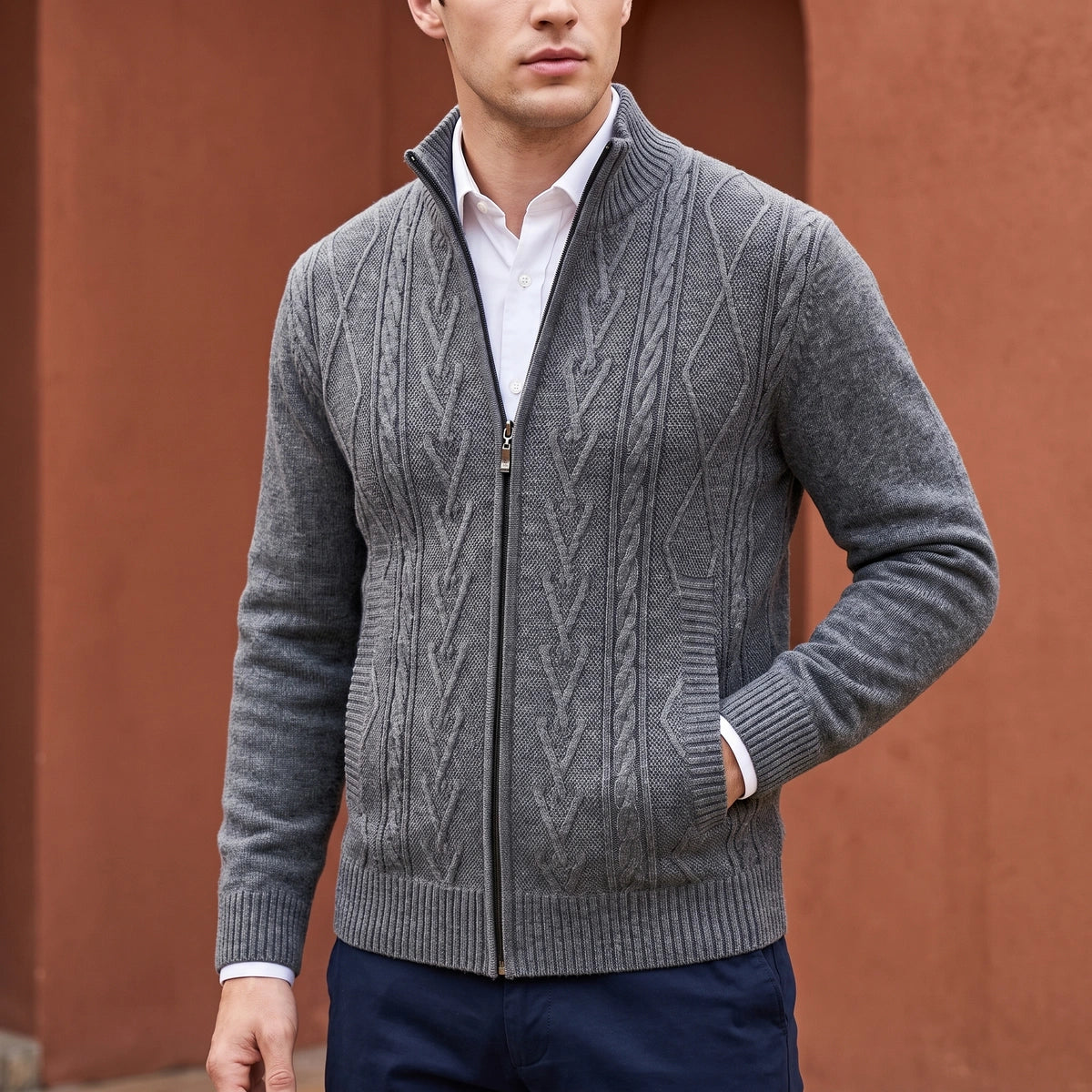 Simon Diamond Cable Zip Cardigan - Gray