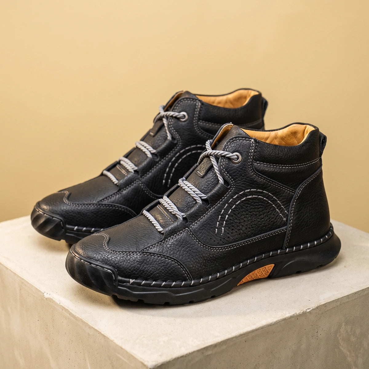 Stanley Leather Rope Lace Lug Boots - Black