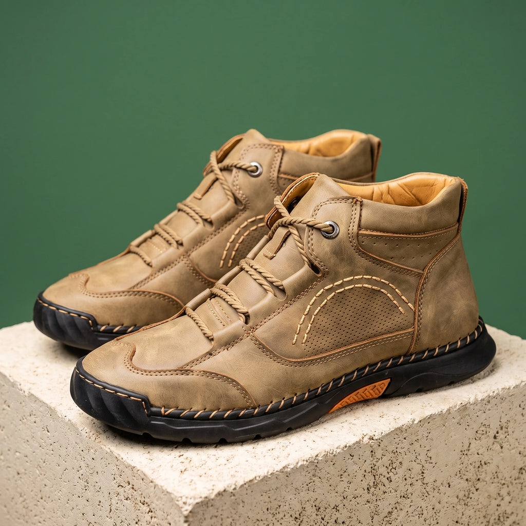 Stanley Leather Rope Lace Lug Boots - Khaki