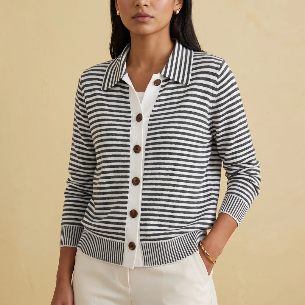 Suzanne Striped Collared Knit Cardigan - Black