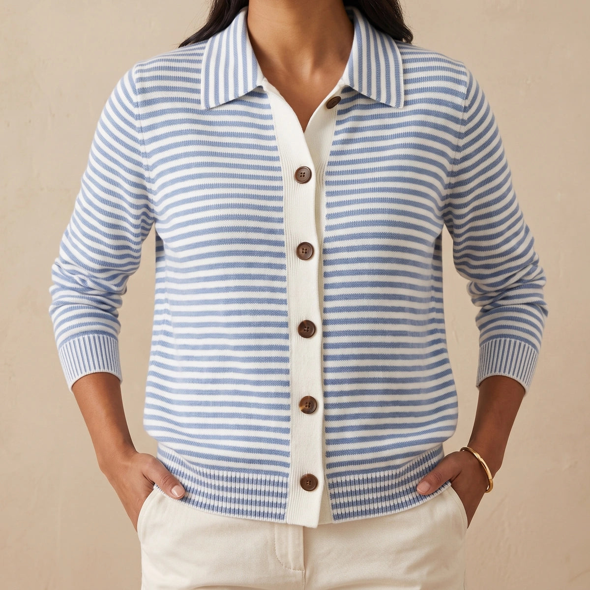 Suzanne Striped Collared Knit Cardigan - Blue