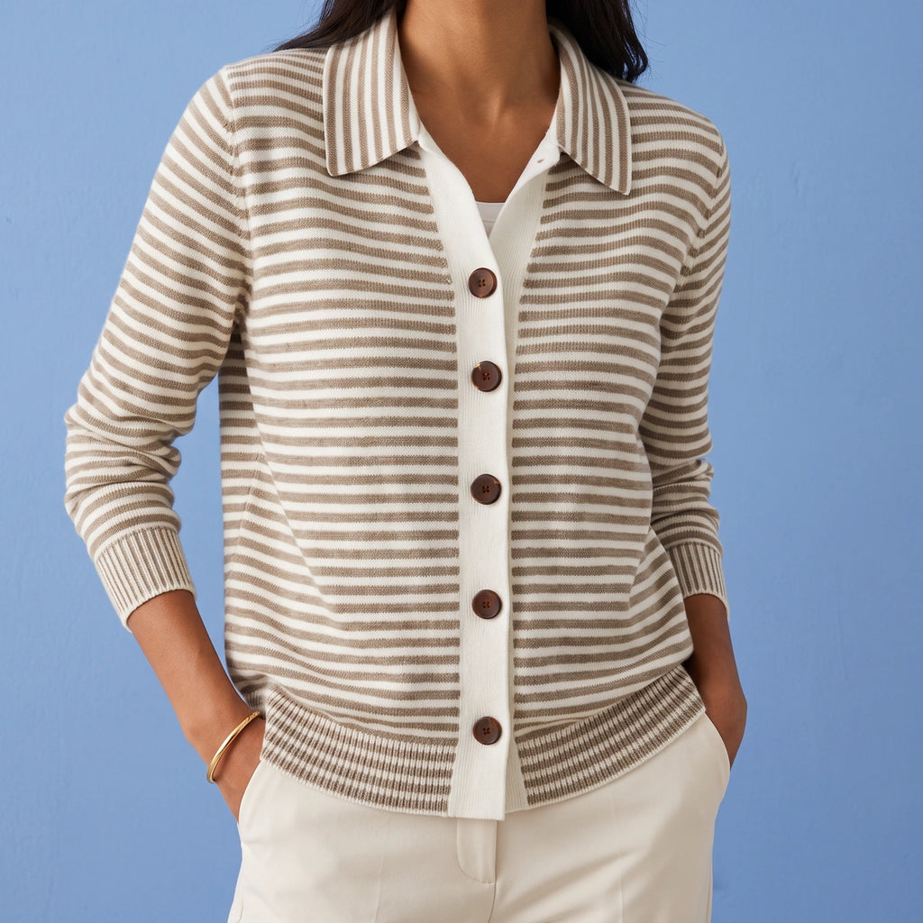 Suzanne Striped Collared Knit Cardigan - Brown