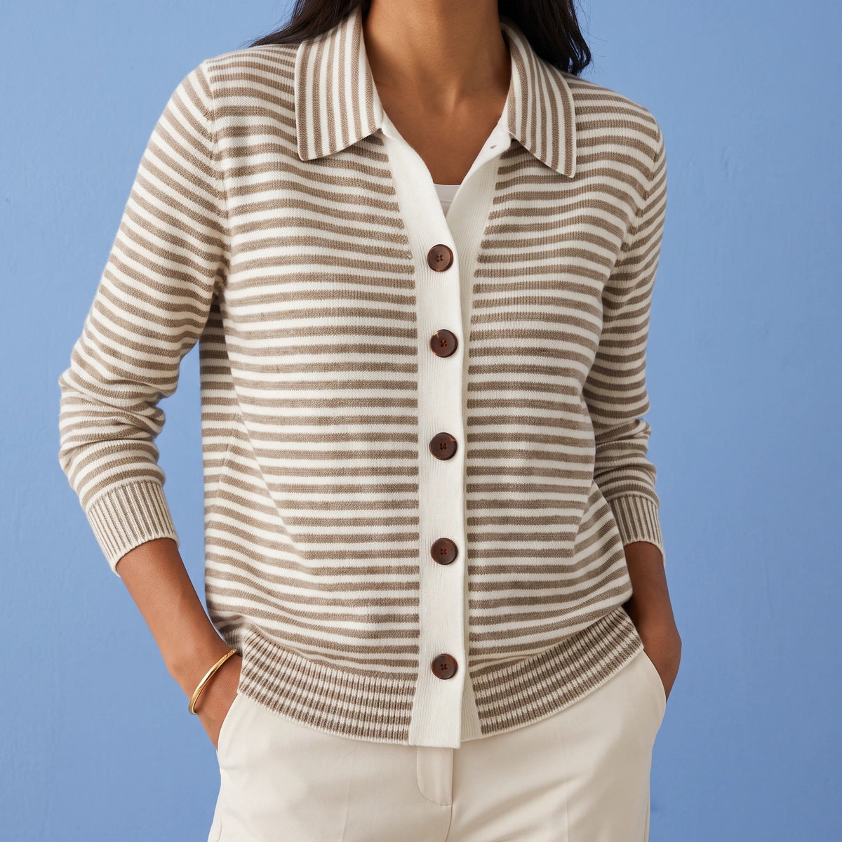 Suzanne Striped Collared Knit Cardigan - Brown