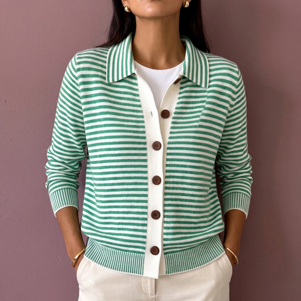 Suzanne Striped Collared Knit Cardigan - Green