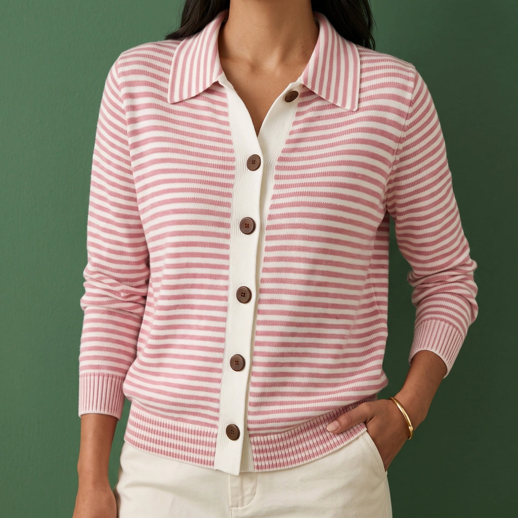 Suzanne Striped Collared Knit Cardigan - Pink