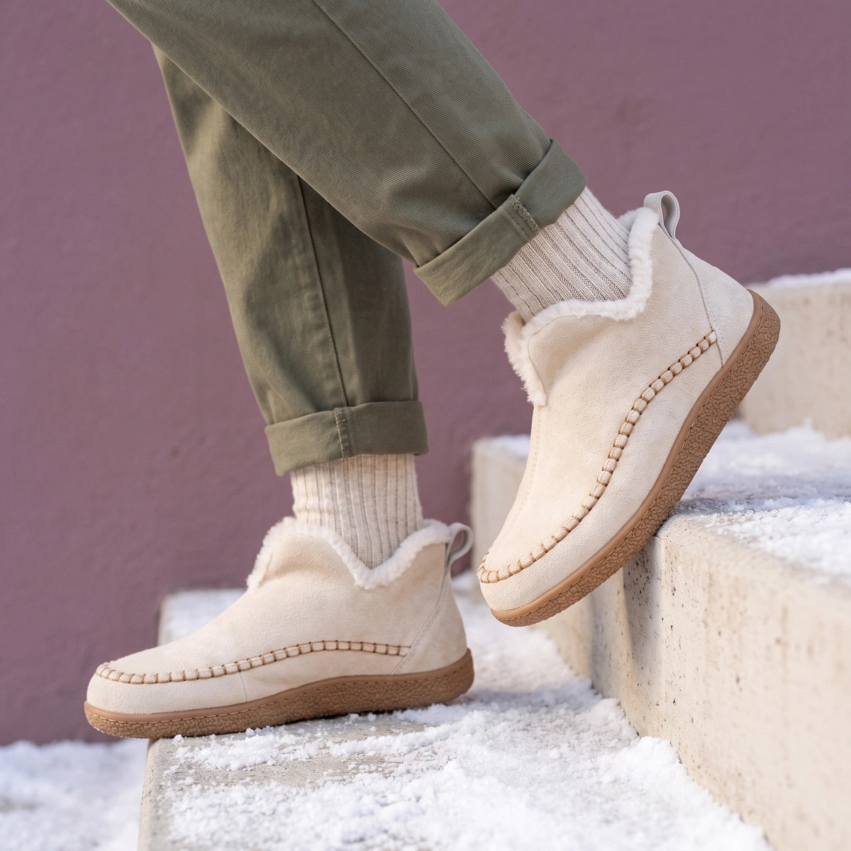 Tara Suede Faux Fur Lined Ankle Boots - Cream