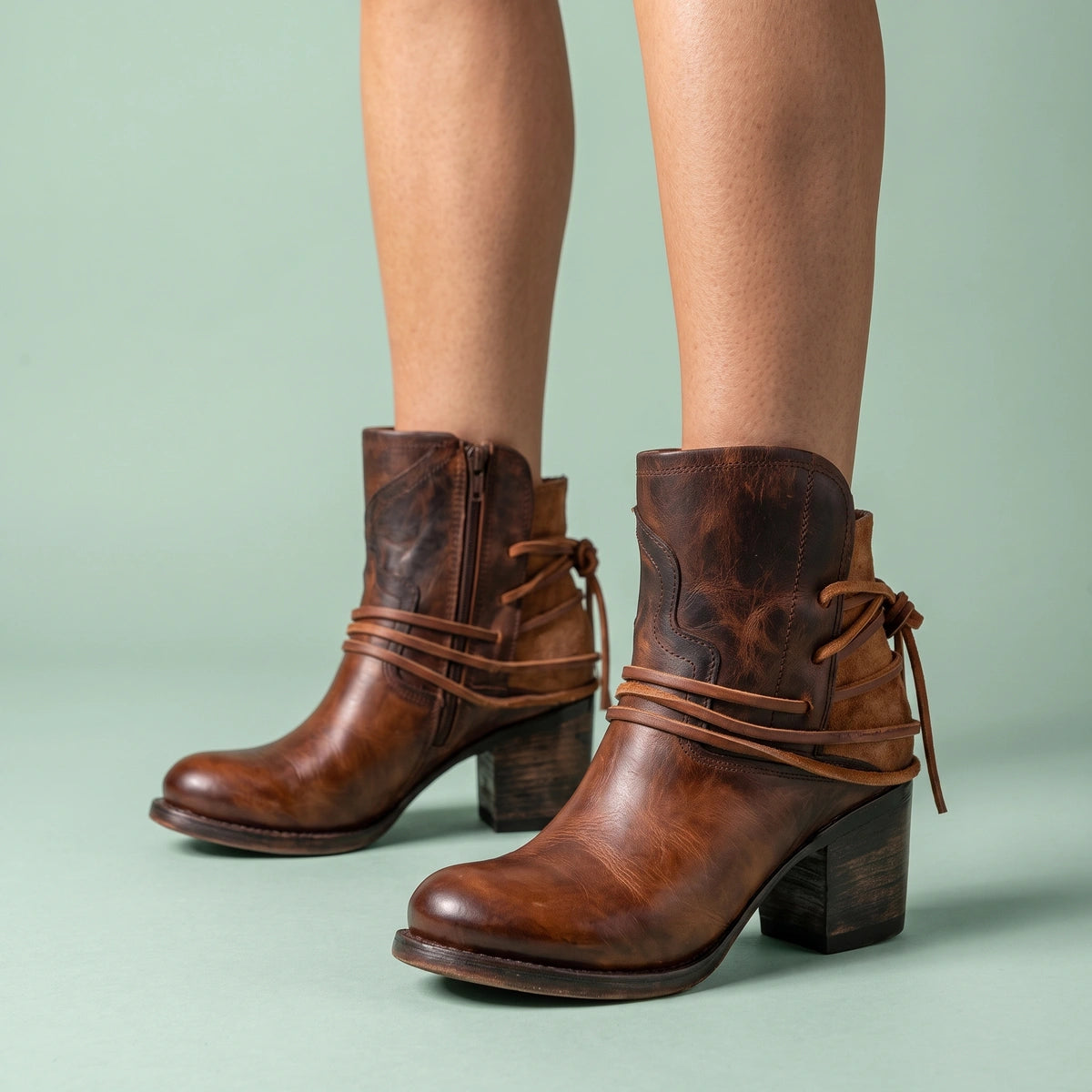Theresa Ankle Tie Scalloped Stitch Booties - Cognac