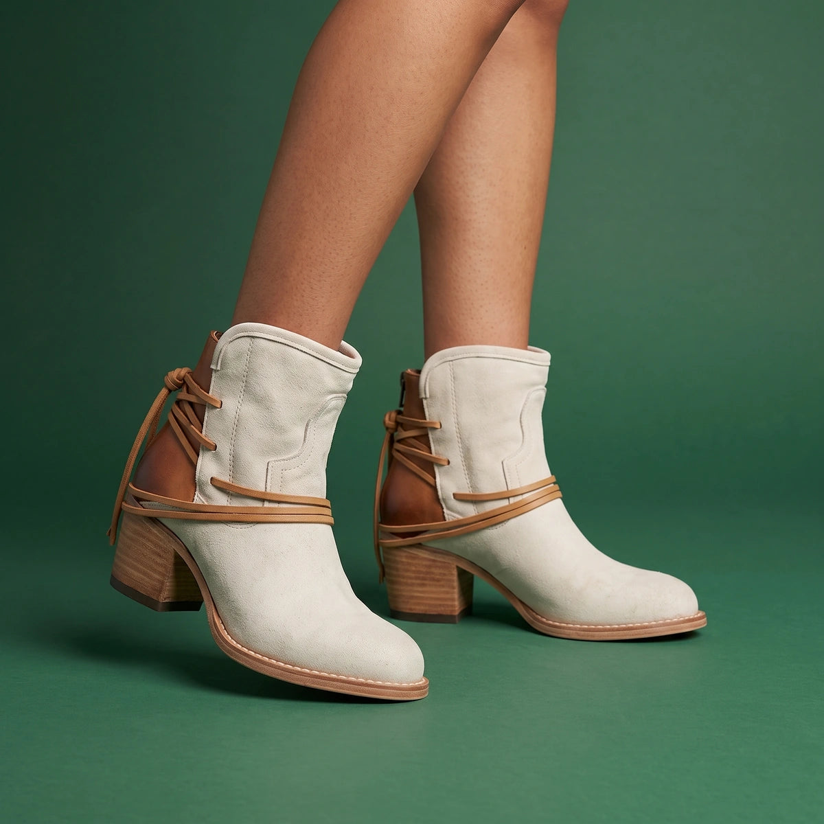 Theresa Ankle Tie Scalloped Stitch Booties - White